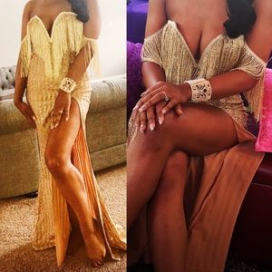 Gold Fringe Off Shoulder Dress